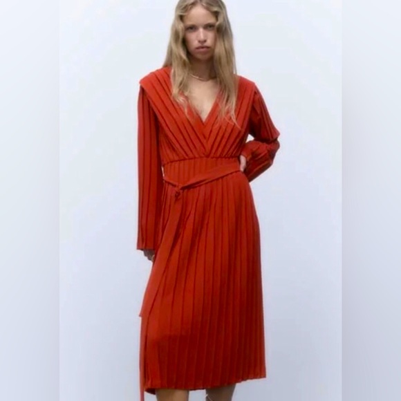 Zara Pleated Tie Front Burnt Orange Midi Dress Size S NWT - Picture 2 of 7